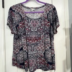 Lucky Brand Knit Blouse Sz 1X Short Sleeve Floral Boho Hippie Festival Colorful